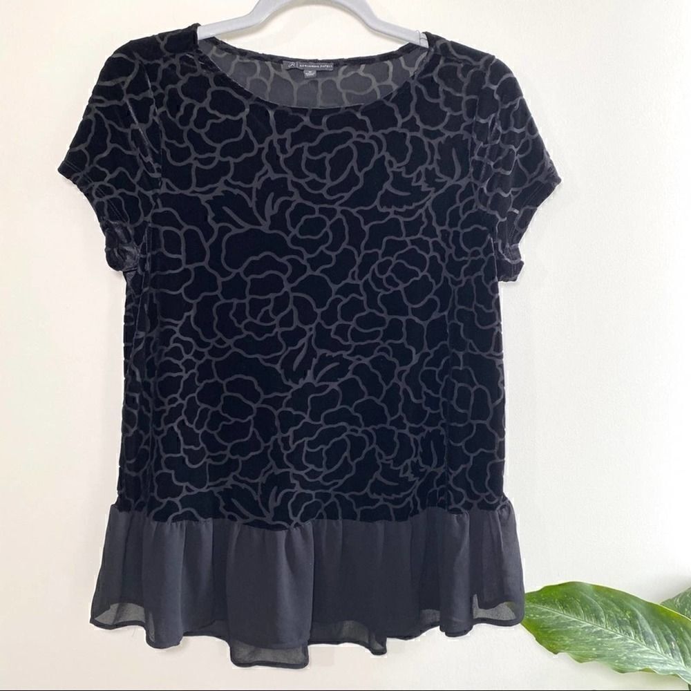 Adrianna Papell black velvet floral peplum top